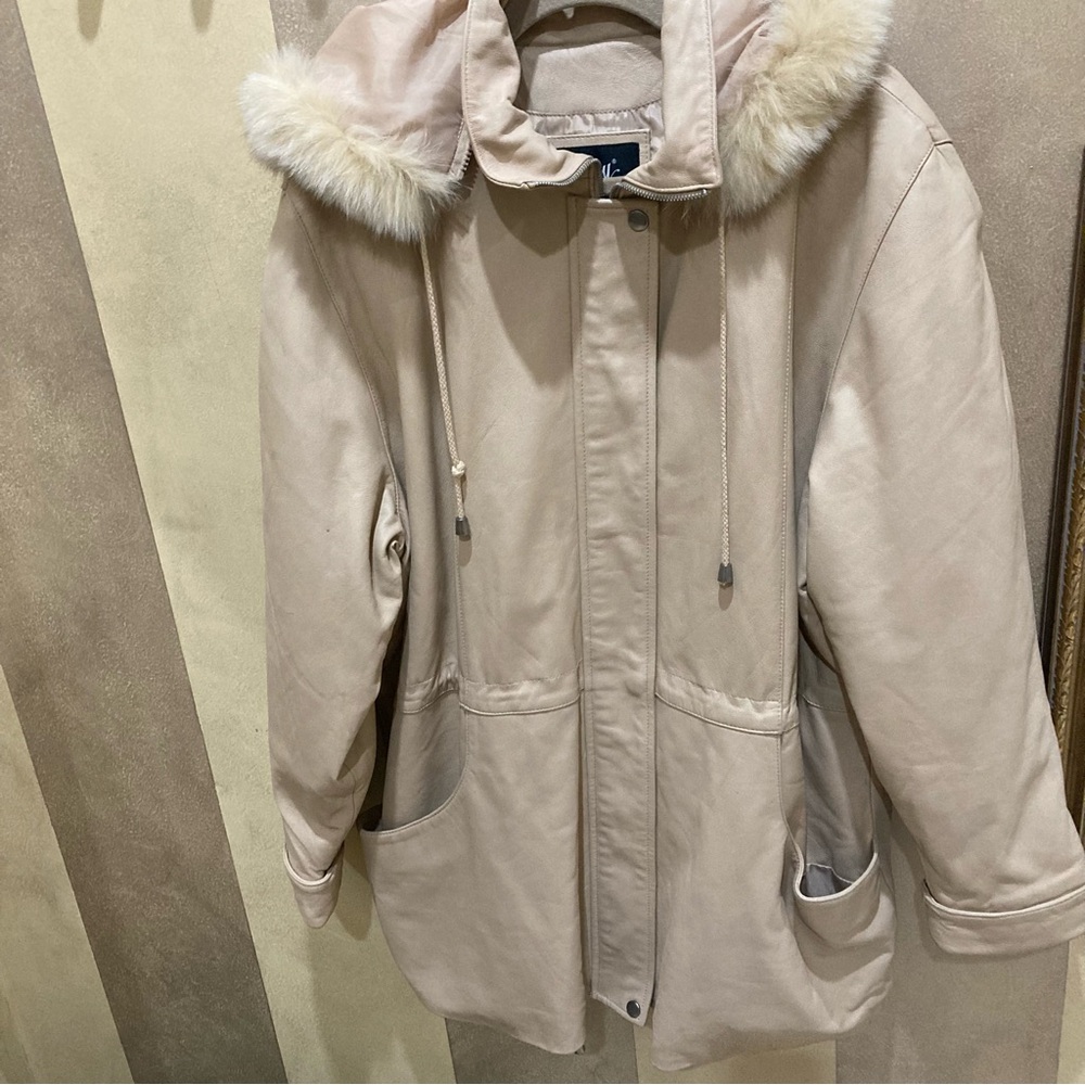 Leather Coat w/fox Trimmed Hood-XL